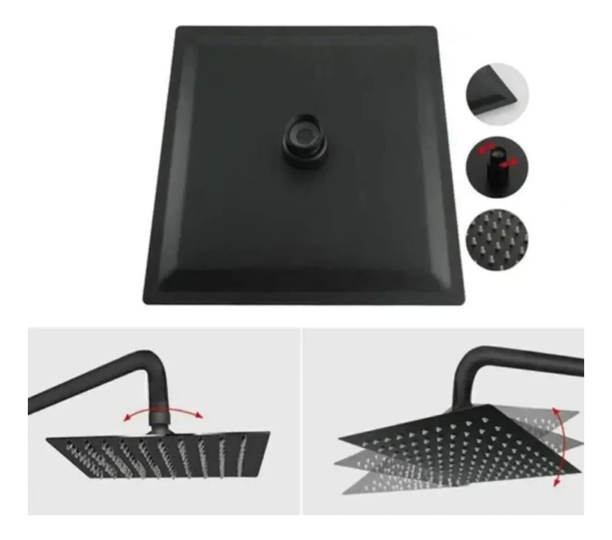 Combo Baño Negro 3 Piezas con Regadera Cuadrada 30 cm, Tubo Tipo L 40 cm y Rejilla Antiolores 10 x 10 cm