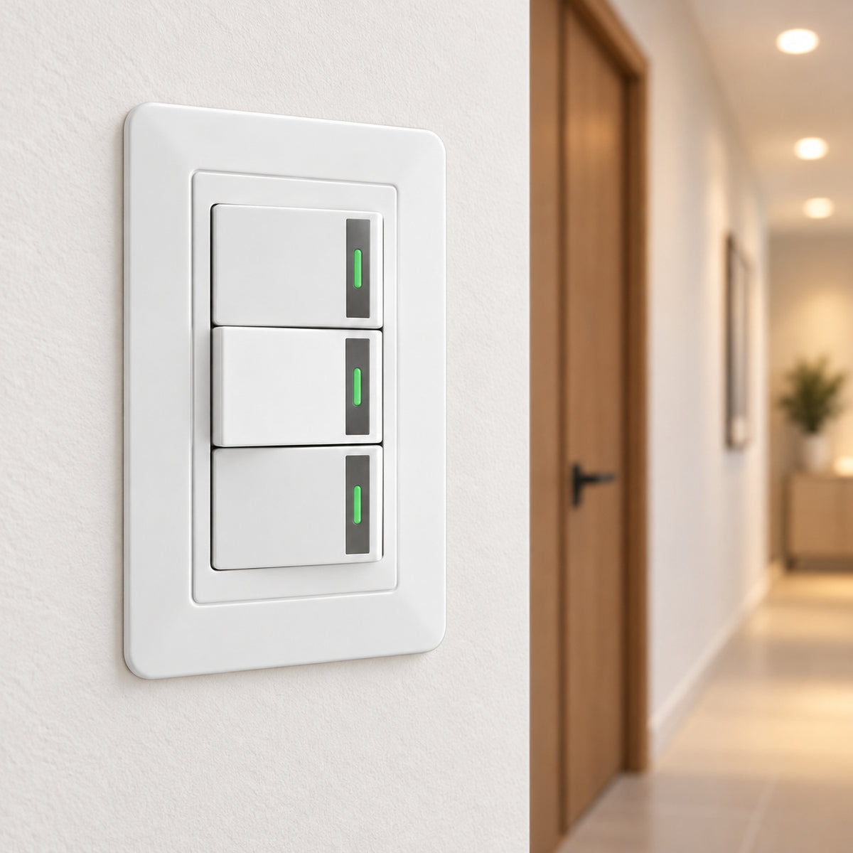 Interruptor Triple Blanco De Pared — vista del producto instalado