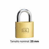 Candado Dorado De 25 mm Con Arco Corto — medida nominal del producto