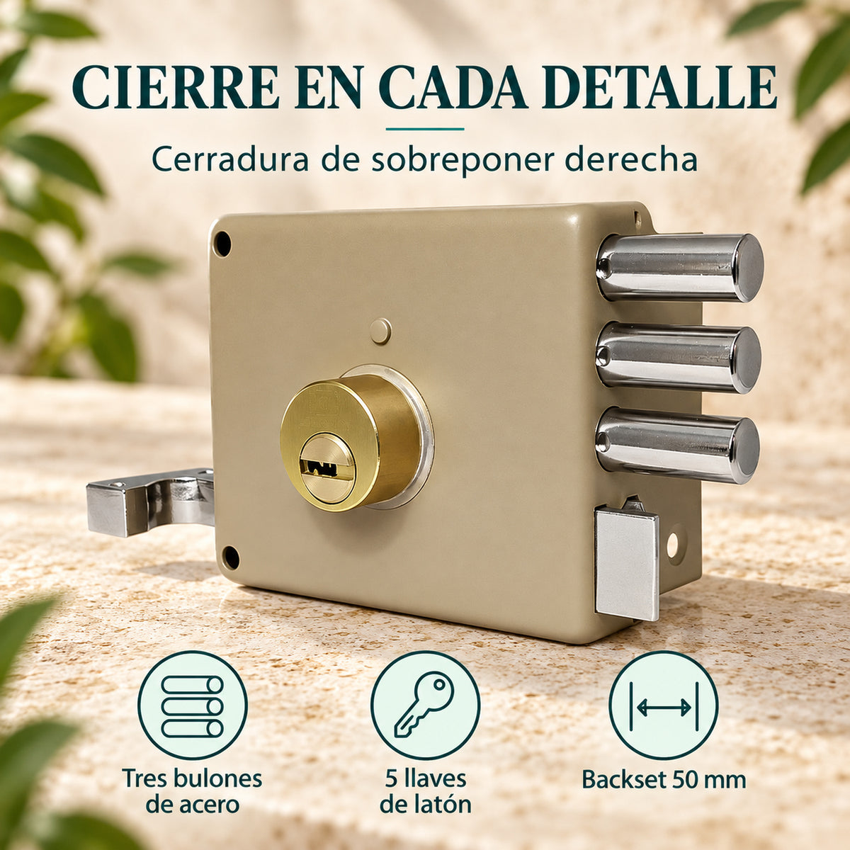 Cerradura De Sobreponer Derecha Tres Bulones 50 mm — caracteristicas