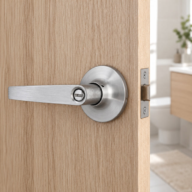 Manija De Baño Satinada Con Seguro Backset 60 Mm — instalado en puerta