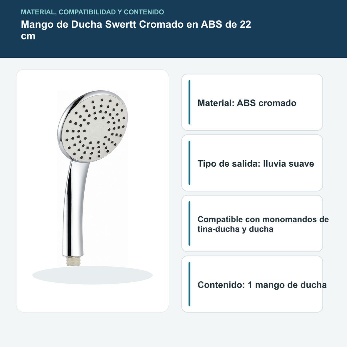 Material, compatibilidad y contenido del mango de ducha cromado