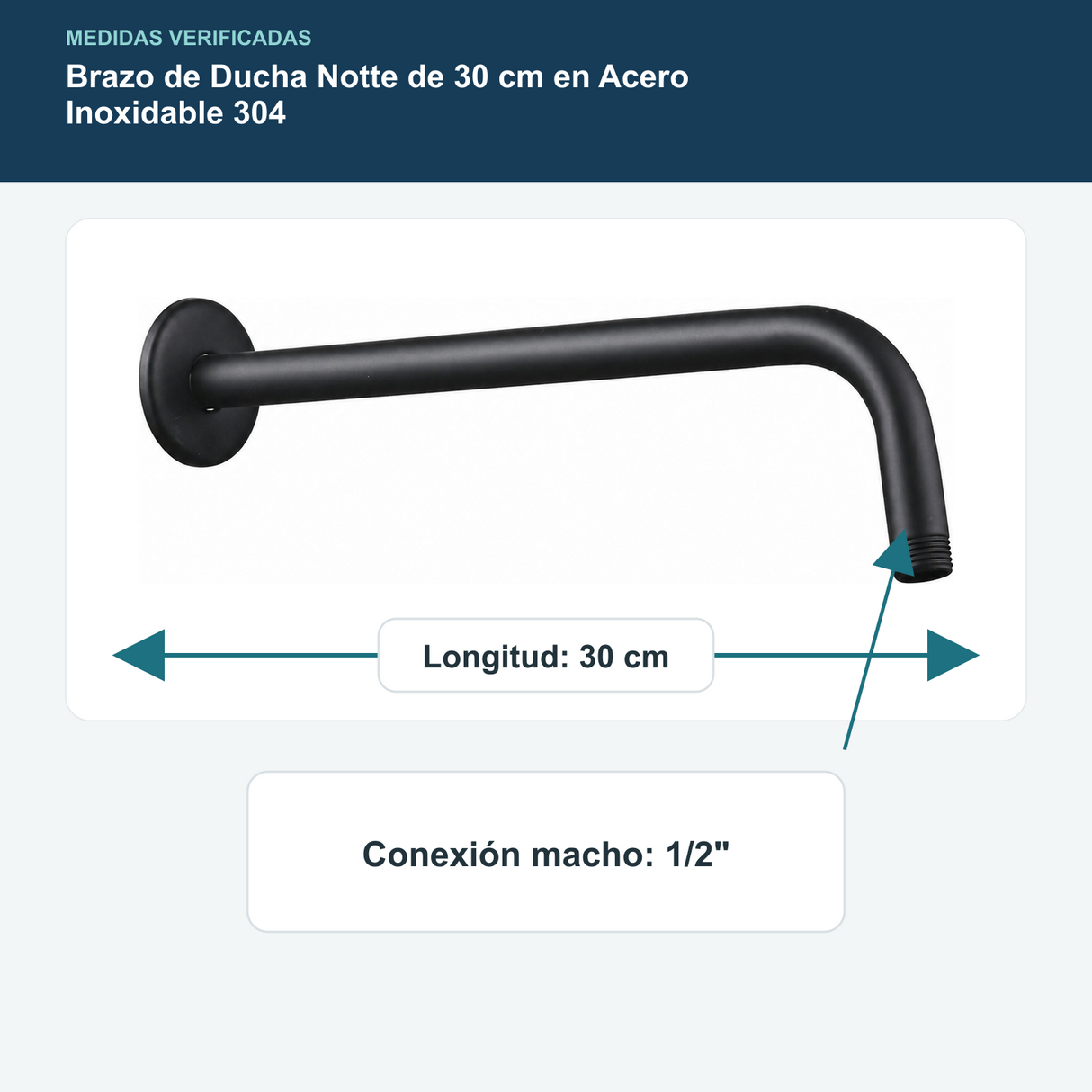 Croquis de brazo de ducha de 30 centímetros con conexión macho de media pulgada