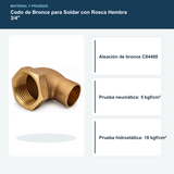 Aleación y pruebas neumática e hidrostática verificadas del codo de bronce