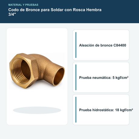 Codo de Bronce Soldable con Rosca Hembra 3/4"