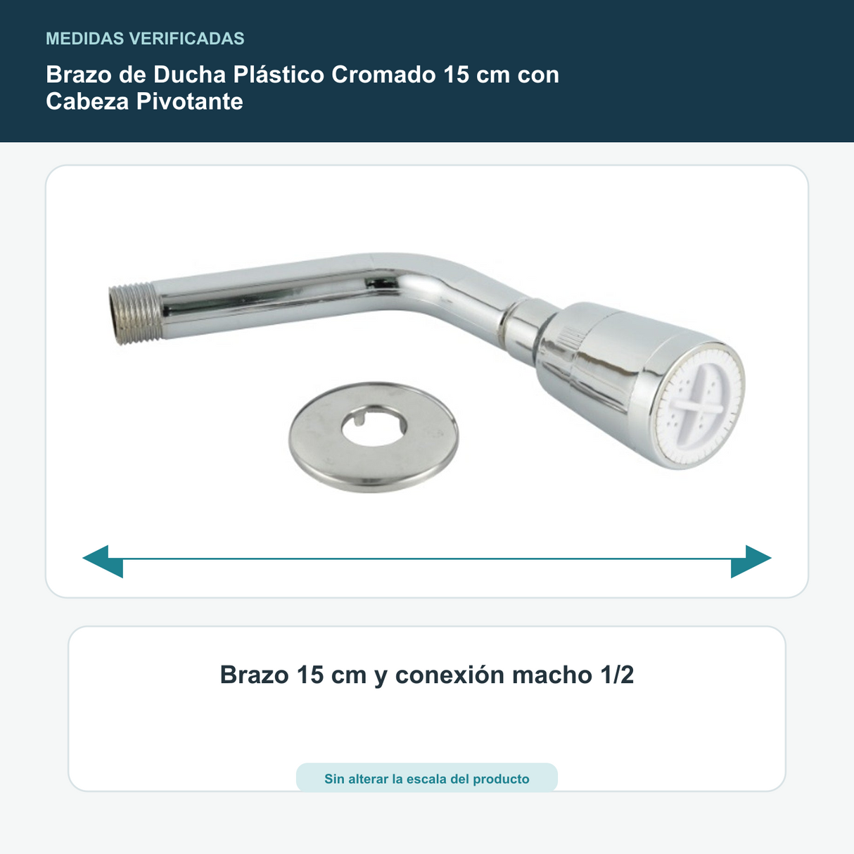 Brazo de Ducha Plástico Cromado 15 cm con Cabeza Pivotante - Brazo 15 cm y conexión macho 1/2