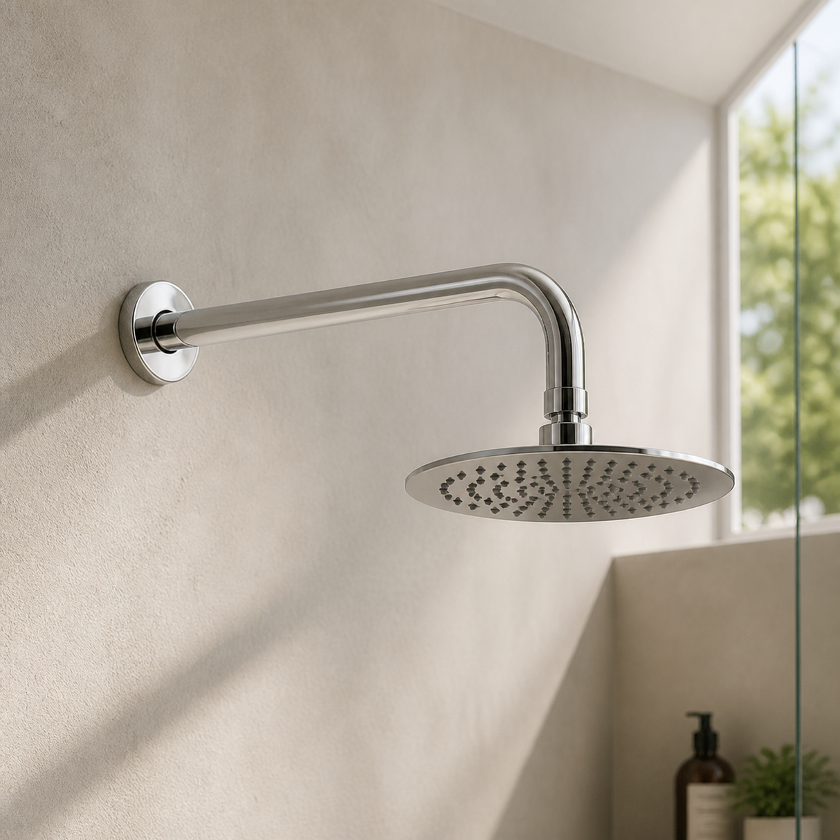 Brazo de Ducha Mirage 30 cm en Acero Inoxidable 304 - Misma referencia instalada desde otro ángulo