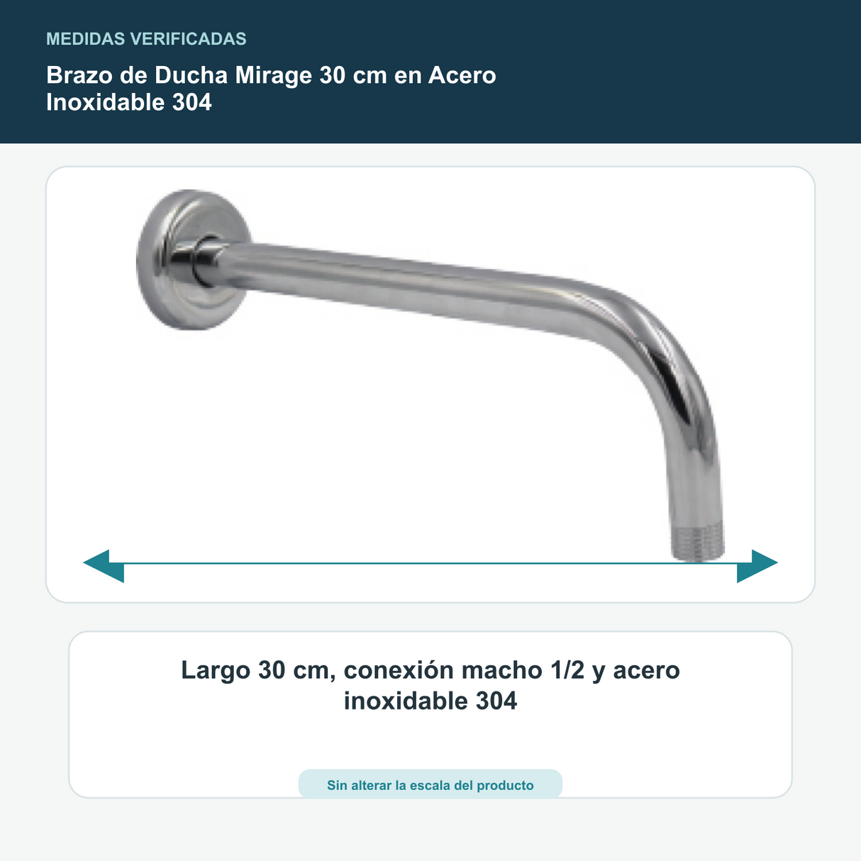 Brazo de Ducha Mirage 30 cm en Acero Inoxidable 304 - Largo 30 cm, conexión macho 1/2 y acero inoxidable 304