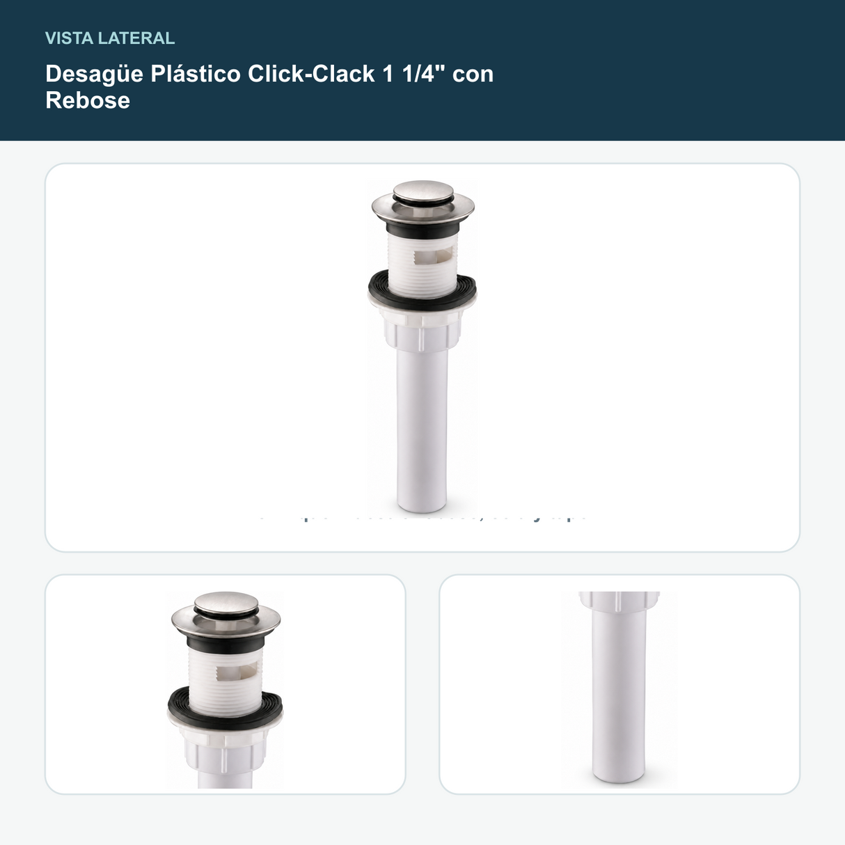 Desagüe Plástico Click-Clack 1 1/4" con Rebose - Perfil que muestre rebose, cola y tapón