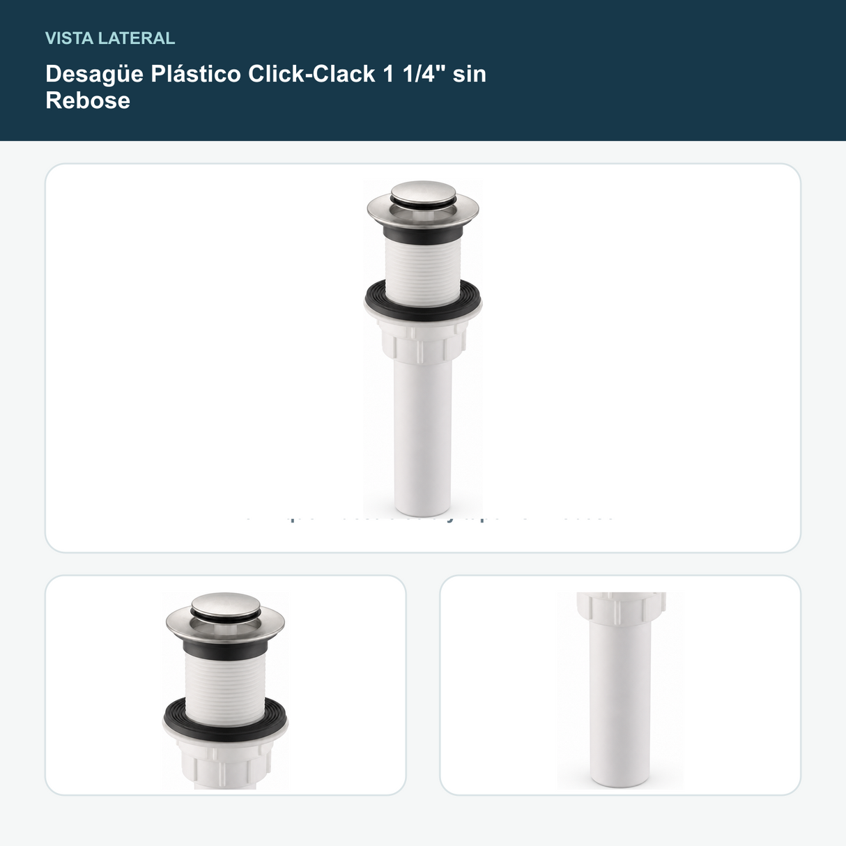 Desagüe Plástico Click-Clack 1 1/4" sin Rebose - Perfil que muestre cola y tapón sin rebose