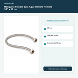 Manguera Flexible para Agua Hembra-Hembra 1/2" x 50 cm - 30 bar, 250.000 ciclos y tracción de 85 kg