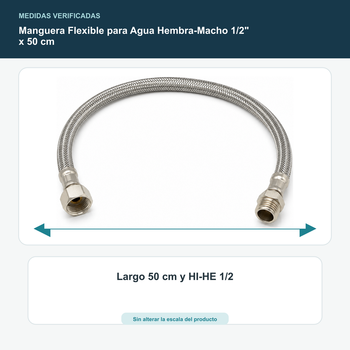 Manguera Flexible para Agua Hembra-Macho 1/2" x 50 cm - Largo 50 cm y HI-HE 1/2