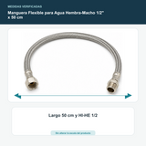 Manguera Flexible para Agua Hembra-Macho 1/2" x 50 cm - Largo 50 cm y HI-HE 1/2