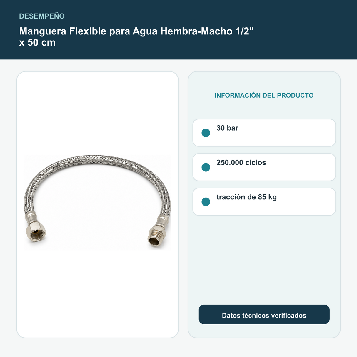Manguera Flexible para Agua Hembra-Macho 1/2" x 50 cm - 30 bar, 250.000 ciclos y tracción de 85 kg