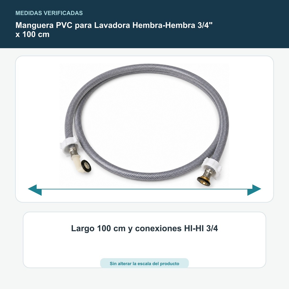 Manguera PVC para Lavadora Hembra-Hembra 3/4" x 100 cm - Largo 100 cm y conexiones HI-HI 3/4