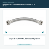 Manguera para Calentador Hembra-Hembra 1/2" x 25 cm - Largo 25 cm, HI-HI 1/2, diámetros 18 y 13 mm