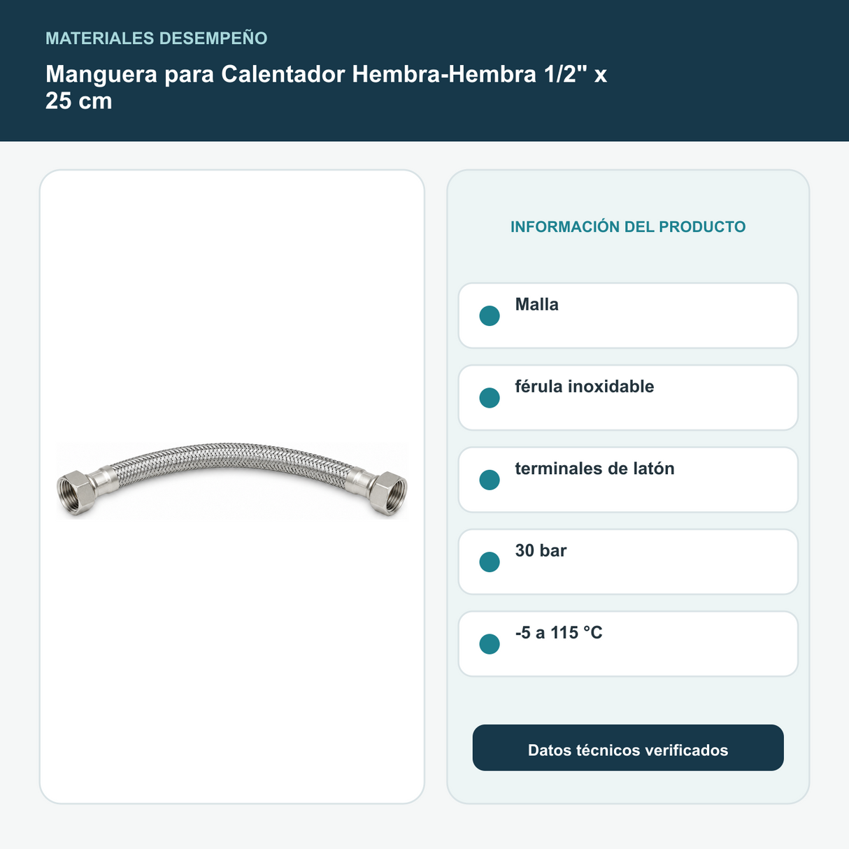 Manguera para Calentador Hembra-Hembra 1/2" x 25 cm - Malla y férula inoxidable, terminales de latón, 30 bar, -5 a 115 °C