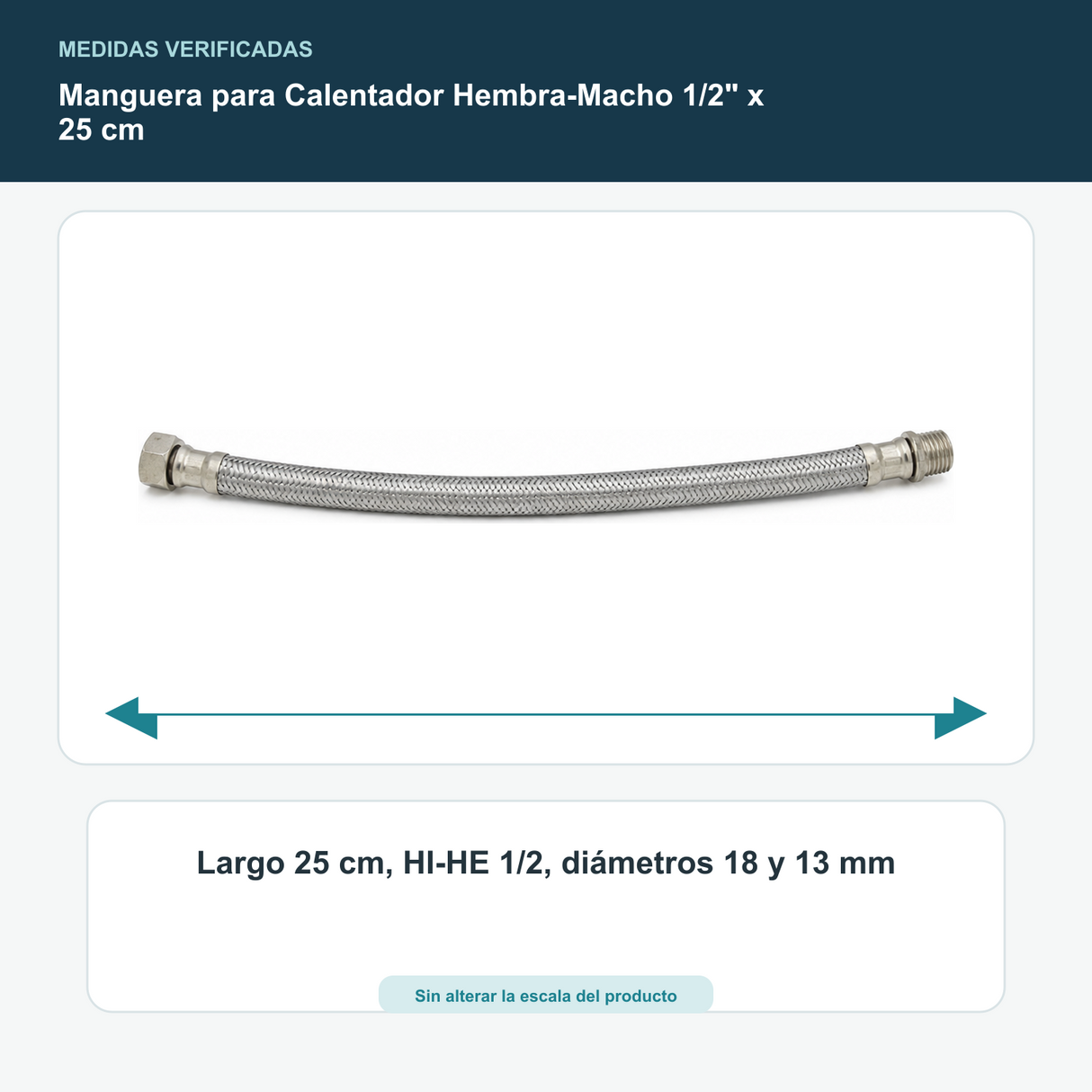 Manguera para Calentador Hembra-Macho 1/2" x 25 cm - Largo 25 cm, HI-HE 1/2, diámetros 18 y 13 mm