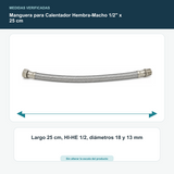 Manguera para Calentador Hembra-Macho 1/2" x 25 cm - Largo 25 cm, HI-HE 1/2, diámetros 18 y 13 mm