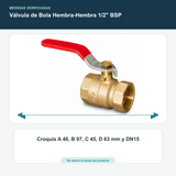 Válvula de Bola Hembra-Hembra 1/2" BSP - Croquis A 46, B 97, C 45, D 63 mm y DN15