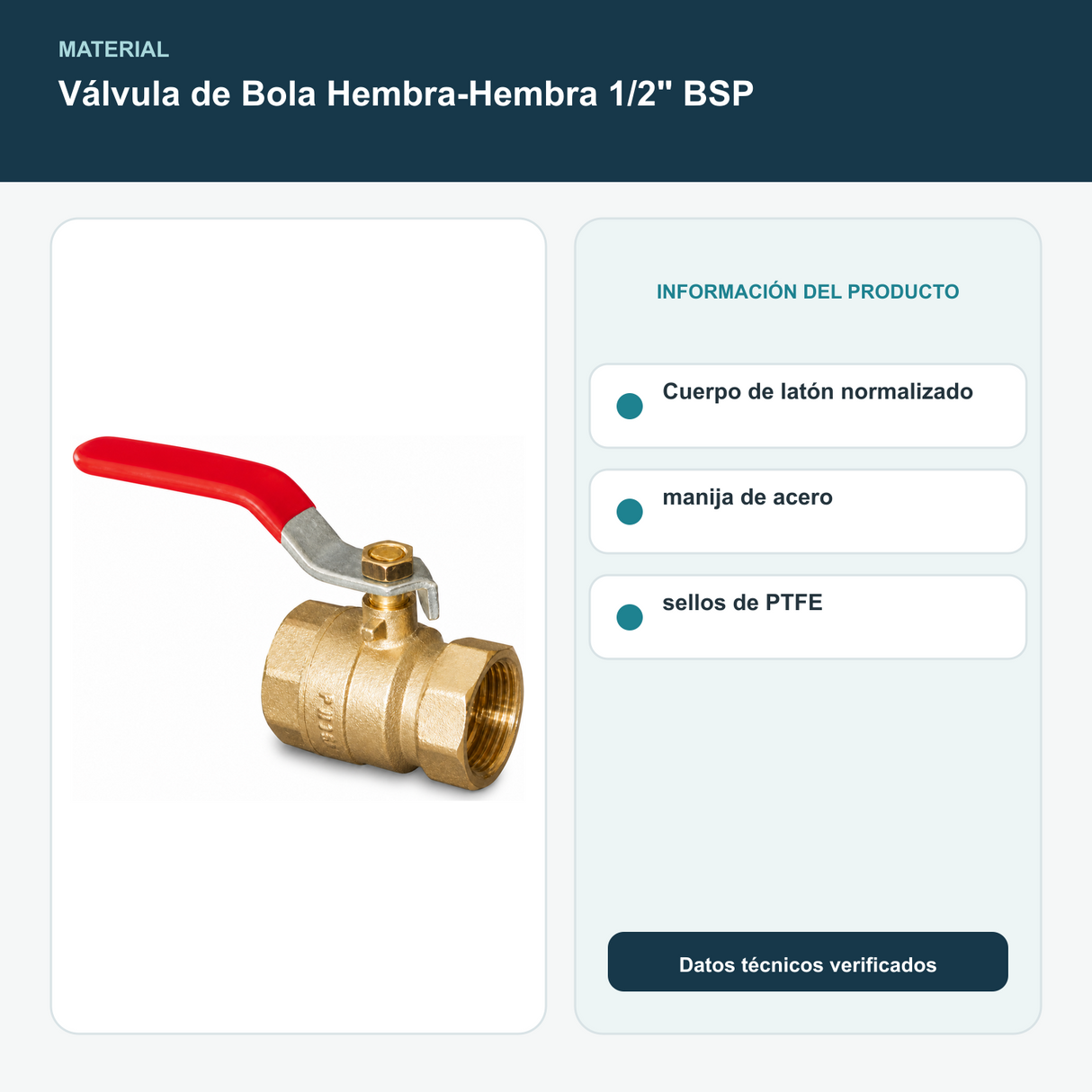 Válvula de Bola Hembra-Hembra 1/2" BSP - Cuerpo de latón normalizado, manija de acero y sellos de PTFE