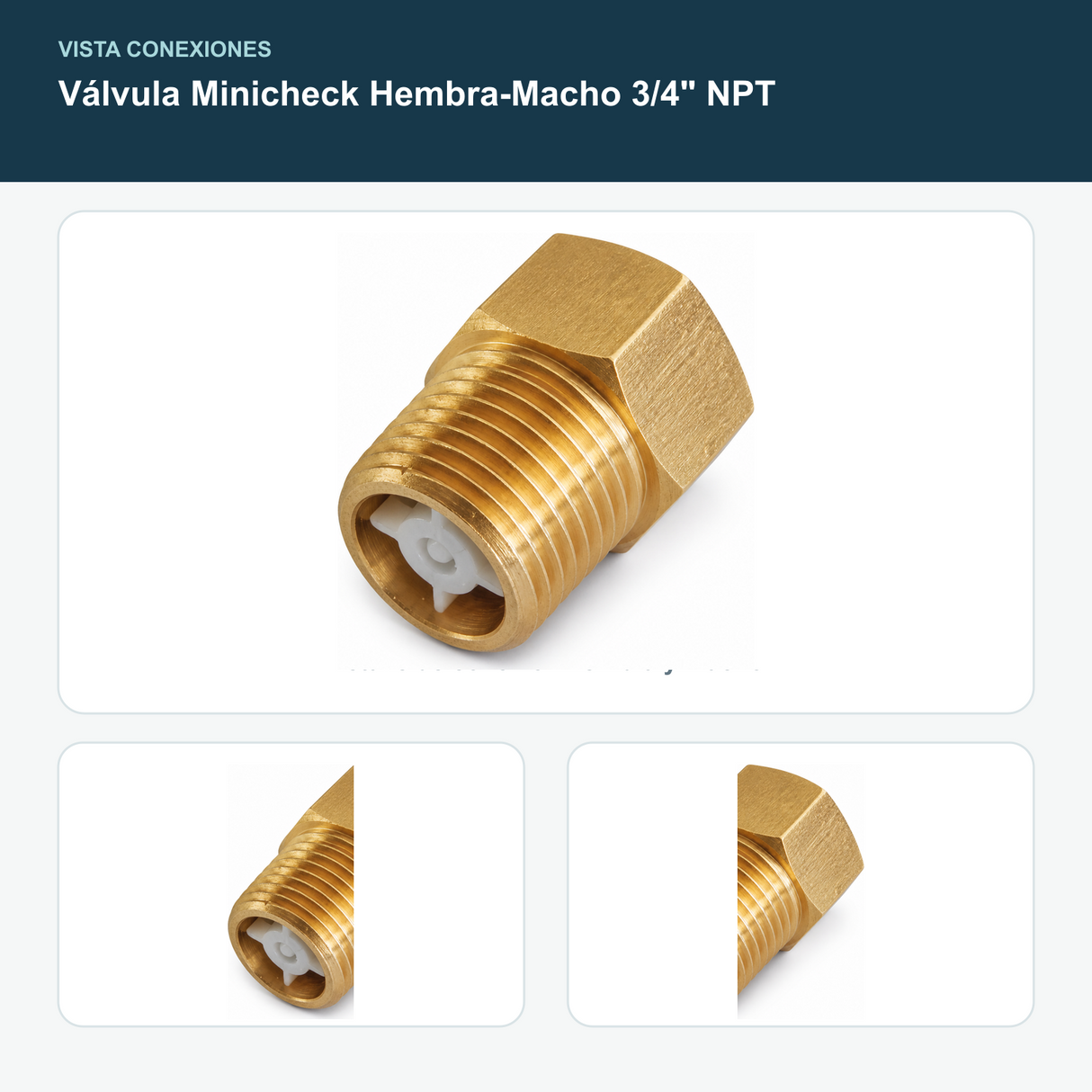 Válvula Minicheck Hembra-Macho 3/4" NPT - Detalle de conexión hembra y macho