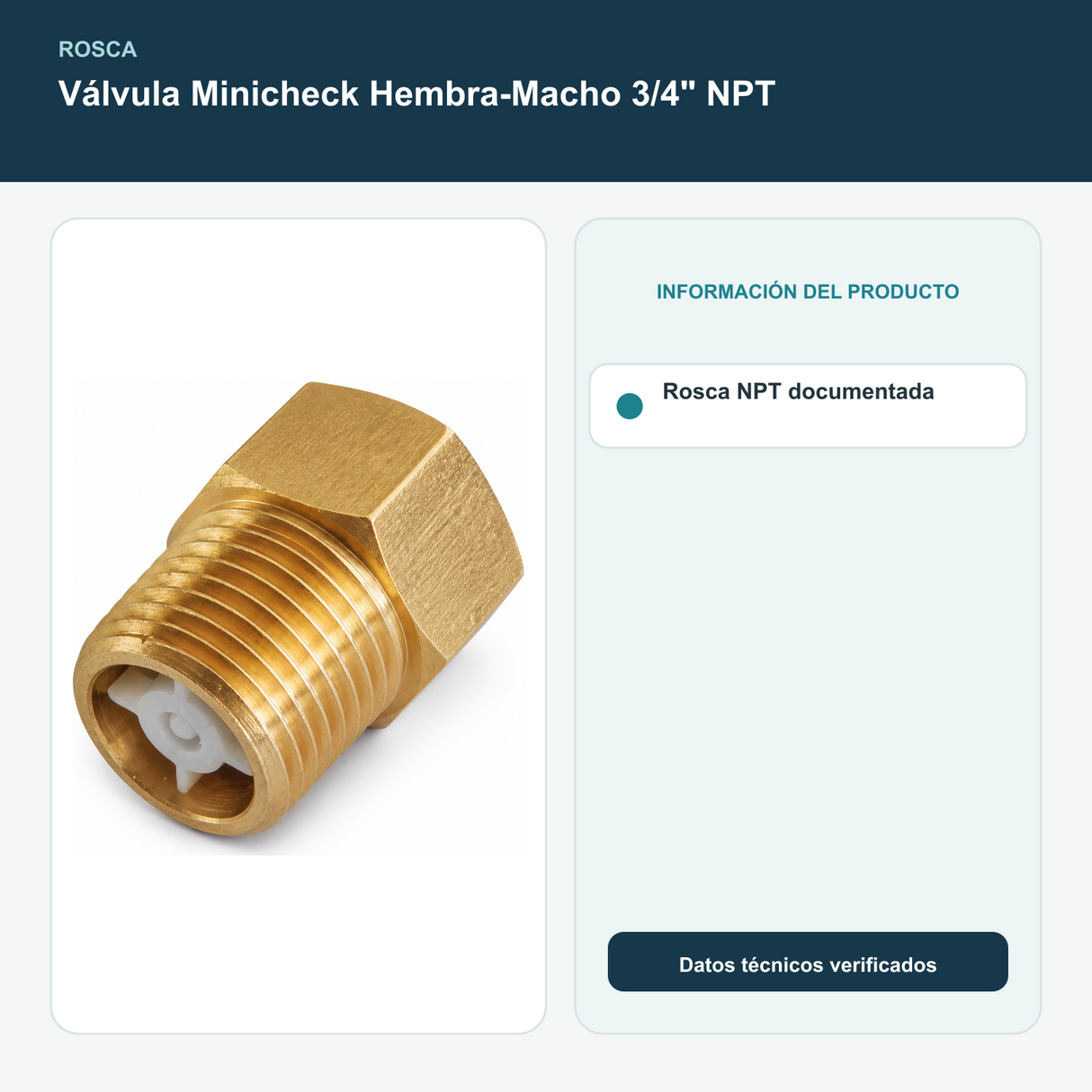 Válvula Minicheck Hembra-Macho 3/4" NPT - Rosca NPT documentada