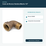 Codo de Bronce Hembra-Macho 1/2" - Bronce C84400 y composición documentada