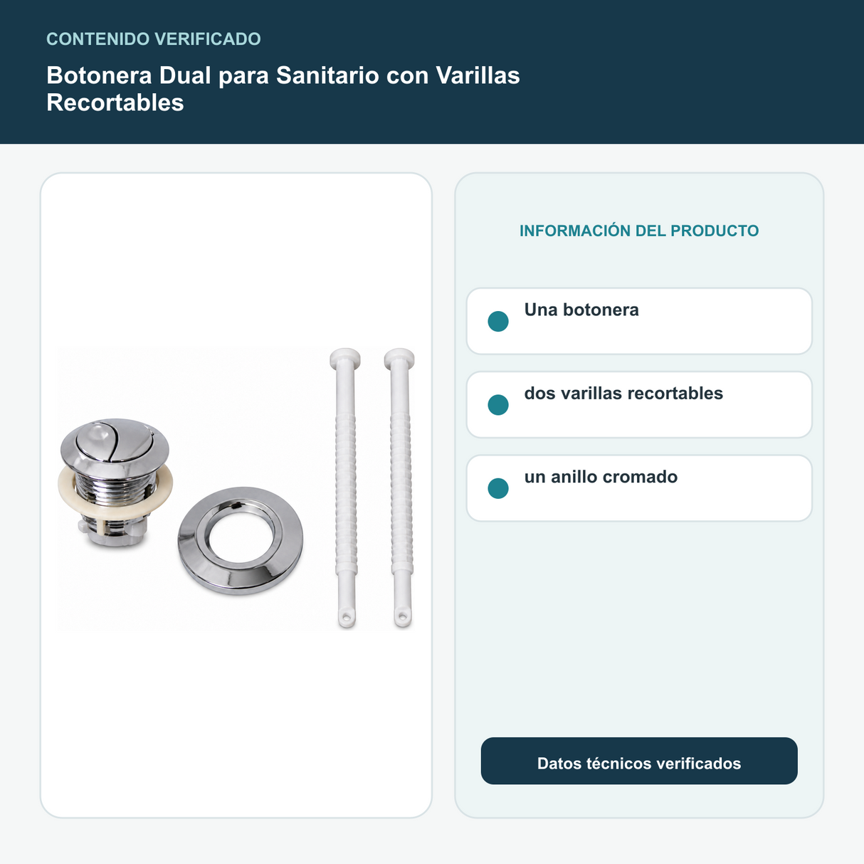 Botonera Dual para Sanitario con Varillas Recortables - Una botonera, dos varillas recortables y un anillo cromado