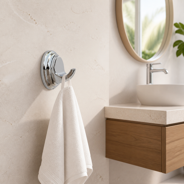 Perchero de Pared Colomba Cromado con Herrajes - Perchero cromado instalado junto al lavamanos, producto protagonista