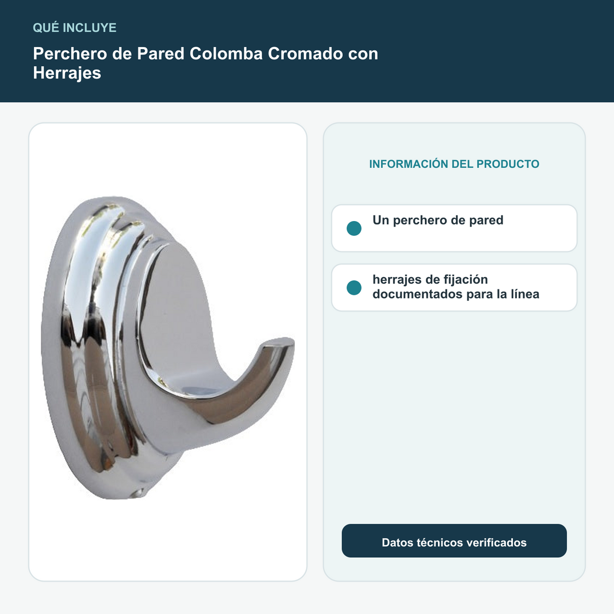 Perchero de Pared Colomba Cromado con Herrajes - Un perchero de pared y herrajes de fijación documentados para la línea