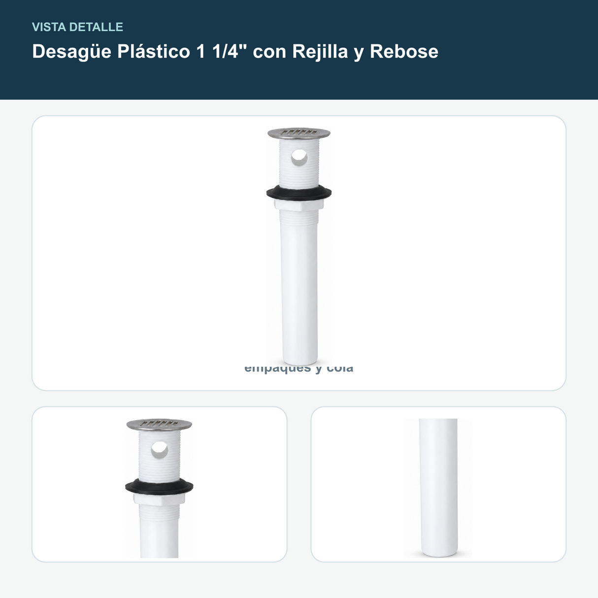 Desagüe Plástico 1 1/4" con Rejilla y Rebose - Vista lateral que muestre rejilla, paso de rebose, empaques y cola