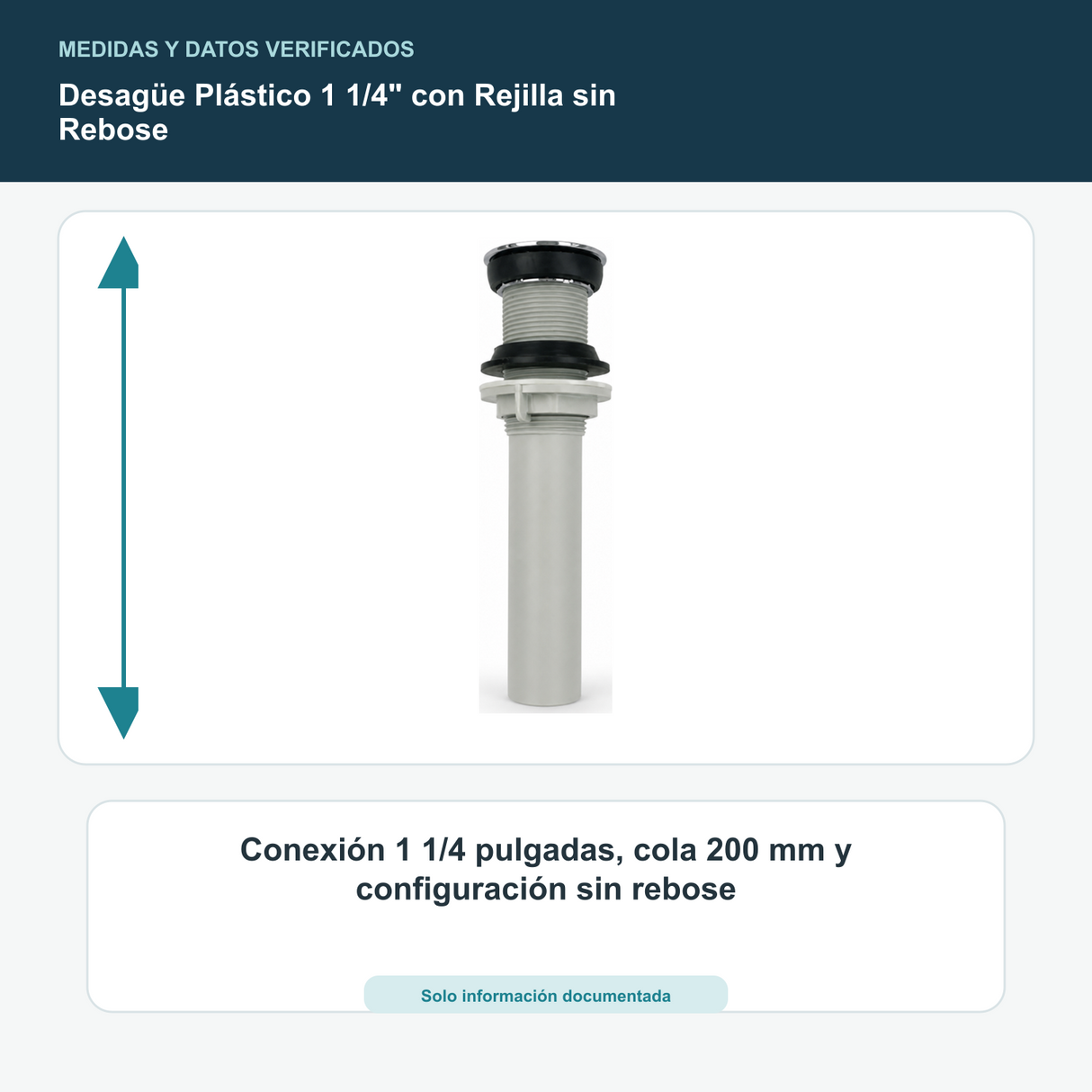 Desagüe Plástico 1 1/4" con Rejilla sin Rebose - Conexión 1 1/4 pulgadas, cola 200 mm y configuración sin rebose