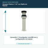 Desagüe Plástico 1 1/4" con Rejilla sin Rebose - Conexión 1 1/4 pulgadas, cola 200 mm y configuración sin rebose