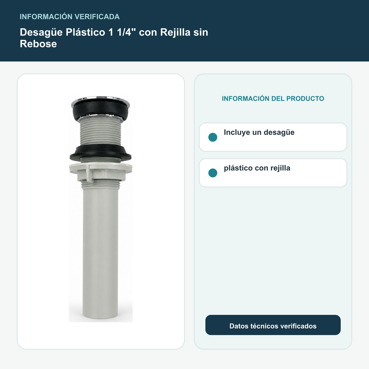 Desagüe Plástico 1 1/4" con Rejilla sin Rebose - Incluye un desagüe plástico con rejilla