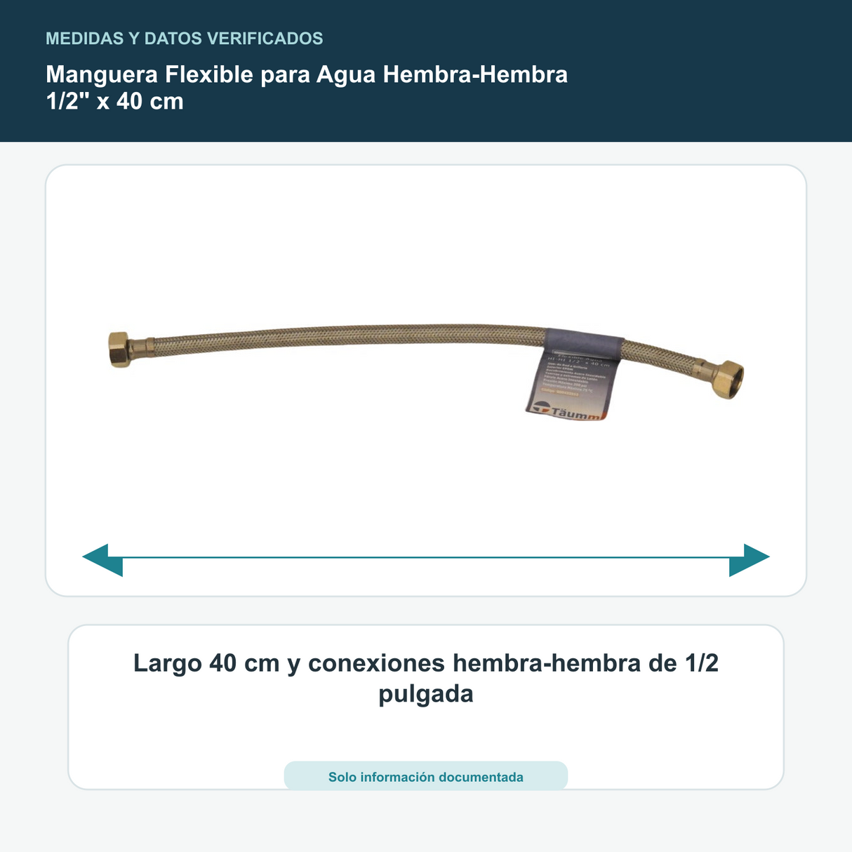 Manguera Flexible para Agua Hembra-Hembra 1/2" x 40 cm - Largo 40 cm y conexiones hembra-hembra de 1/2 pulgada