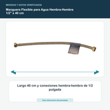 Manguera Flexible para Agua Hembra-Hembra 1/2" x 40 cm - Largo 40 cm y conexiones hembra-hembra de 1/2 pulgada