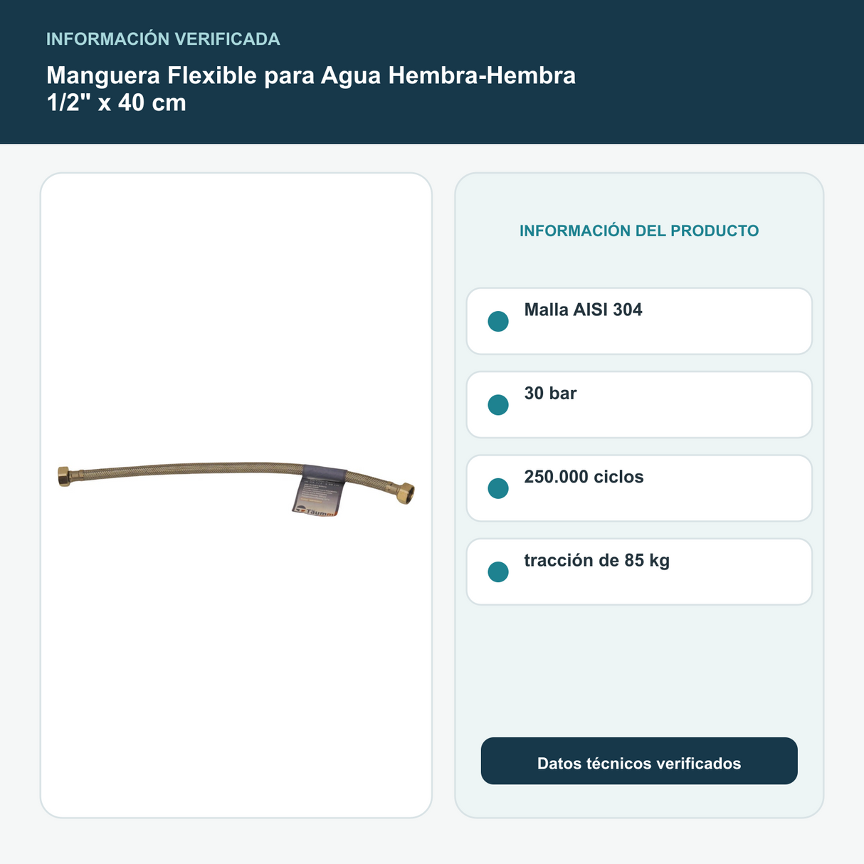 Manguera Flexible para Agua Hembra-Hembra 1/2" x 40 cm - Malla AISI 304, 30 bar, 250.000 ciclos y tracción de 85 kg