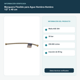 Manguera Flexible para Agua Hembra-Hembra 1/2" x 40 cm - Malla AISI 304, 30 bar, 250.000 ciclos y tracción de 85 kg