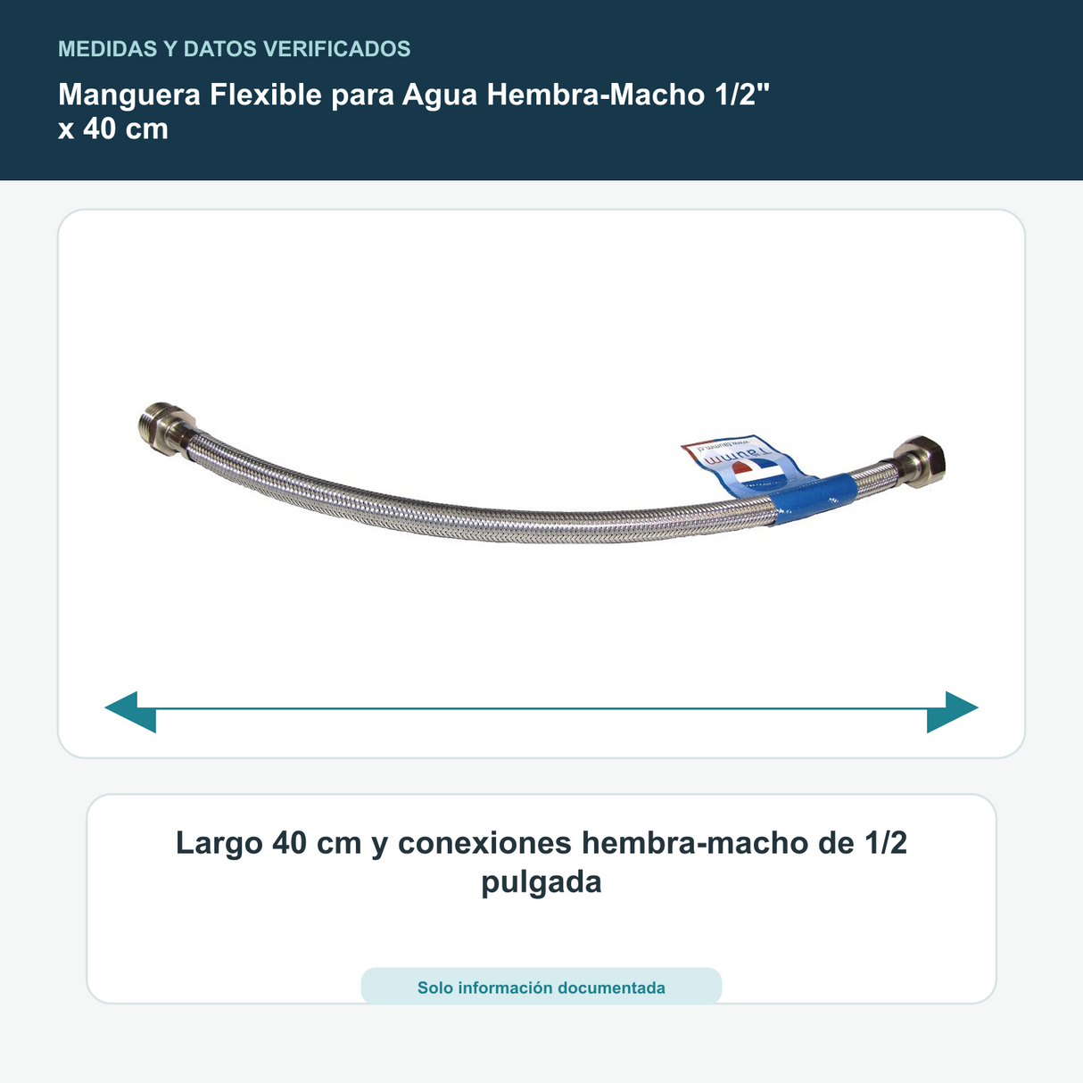 Manguera Flexible para Agua Hembra-Macho 1/2" x 40 cm - Largo 40 cm y conexiones hembra-macho de 1/2 pulgada