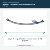 Manguera Flexible para Agua Hembra-Macho 1/2" x 40 cm - Largo 40 cm y conexiones hembra-macho de 1/2 pulgada