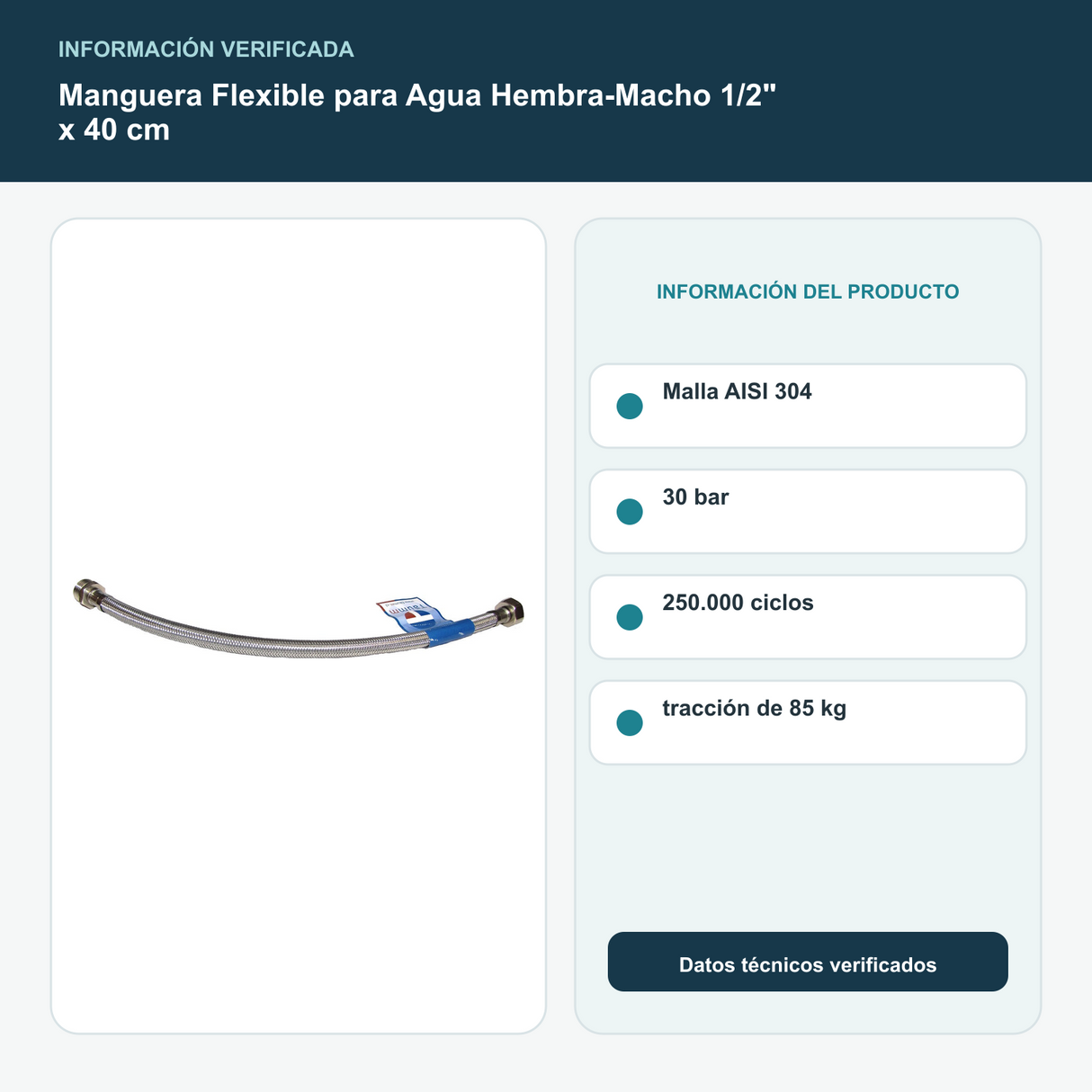 Manguera Flexible para Agua Hembra-Macho 1/2" x 40 cm - Malla AISI 304, 30 bar, 250.000 ciclos y tracción de 85 kg