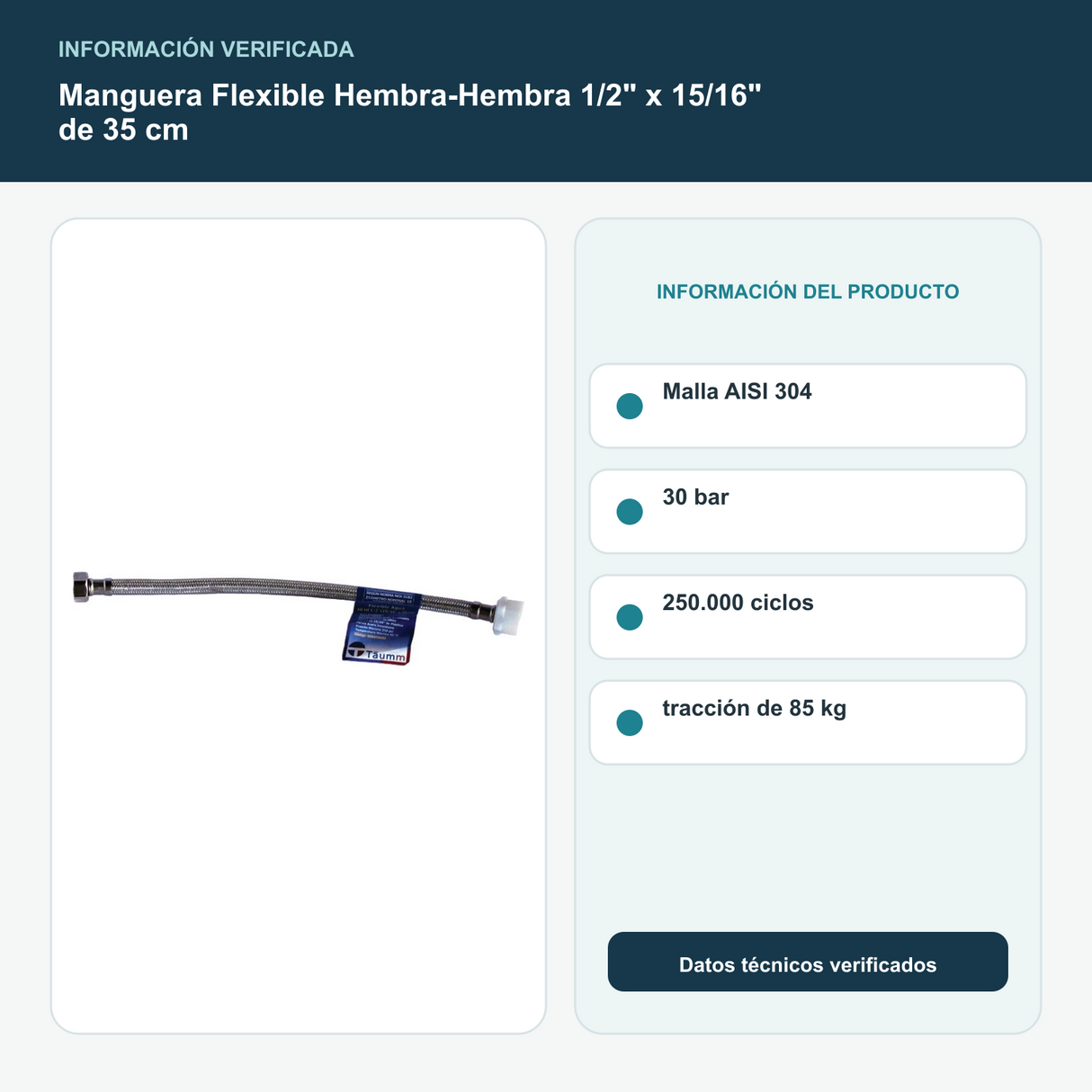 Manguera Flexible Hembra-Hembra 1/2" x 15/16" de 35 cm - Malla AISI 304, 30 bar, 250.000 ciclos y tracción de 85 kg