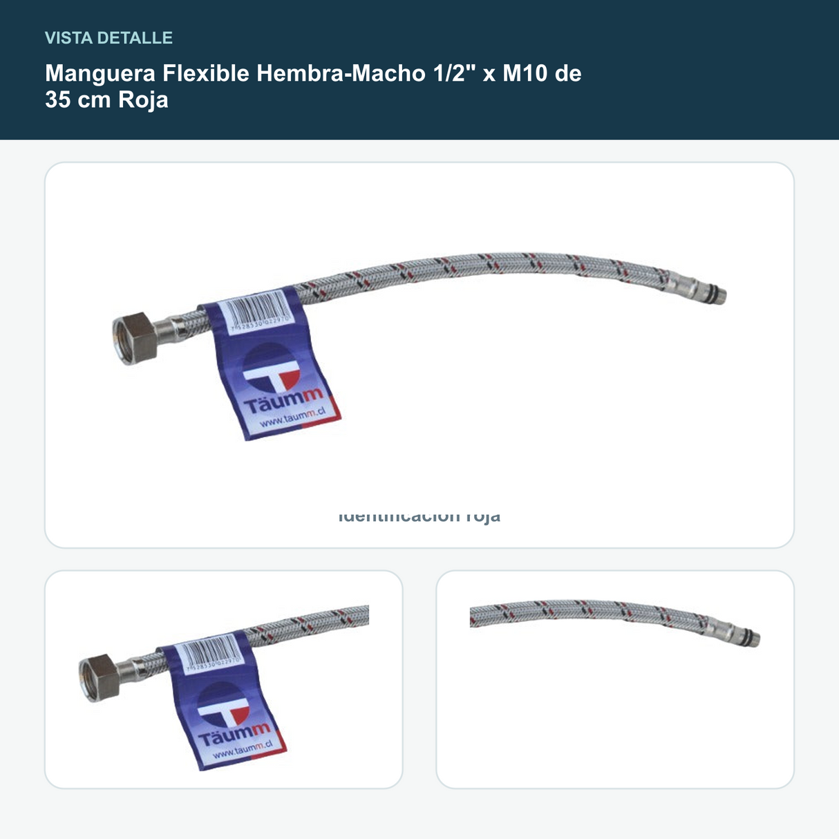 Manguera Flexible Hembra-Macho 1/2" x M10 de 35 cm Roja - Detalle de terminal hembra de 1/2 y macho M10 con identificación roja