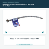 Manguera Flexible Hembra-Macho 1/2" x M10 de 35 cm Roja - Largo 35 cm, hembra de 1/2 y macho M10