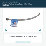 Manguera Flexible Hembra-Macho 1/2" x M10 de 35 cm Azul - Largo 35 cm, hembra de 1/2 y macho M10