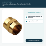 Conector de Latón con Tuerca Hembra-Hembra 3/4" - Dos conexiones hembra de 3/4 de pulgada; largo no documentado