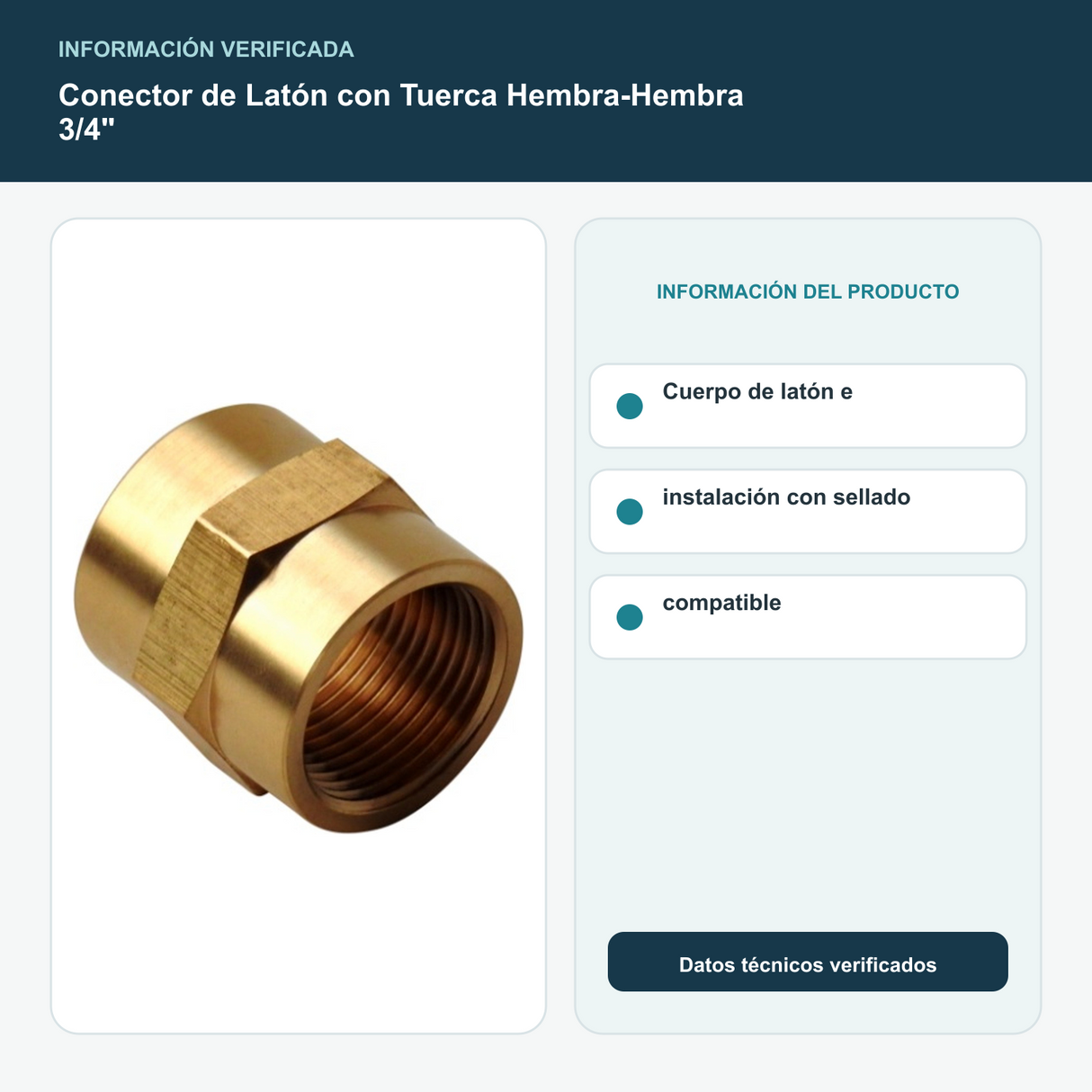 Conector de Latón con Tuerca Hembra-Hembra 3/4" - Cuerpo de latón e instalación con sellado compatible