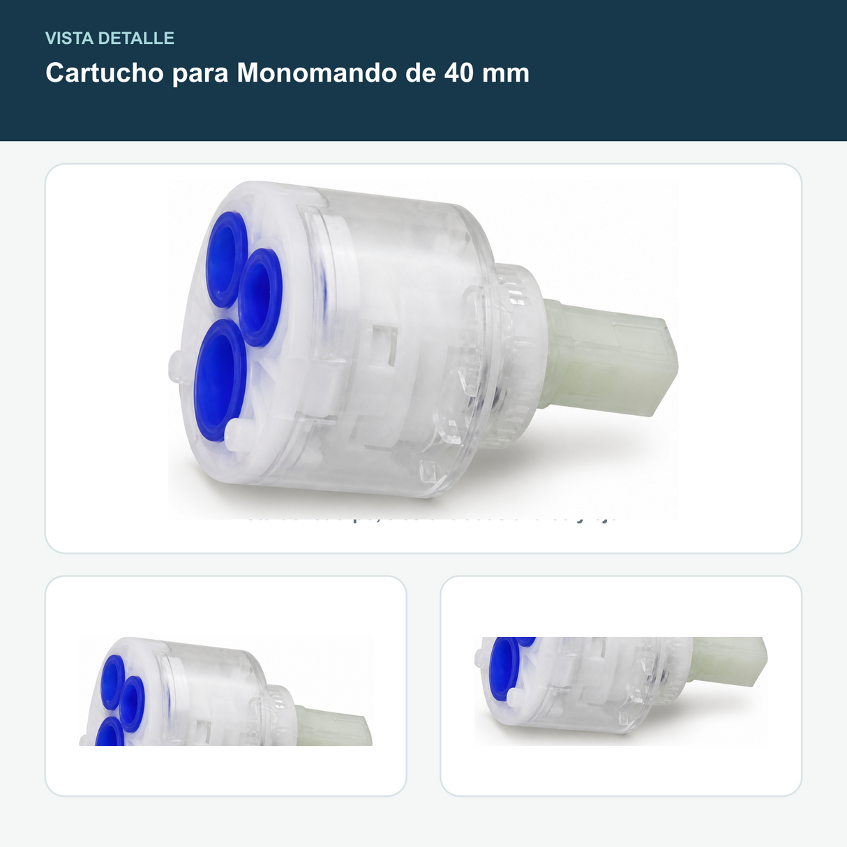 Cartucho para Monomando de 40 mm - Vista del cuerpo, tres entradas azules y eje