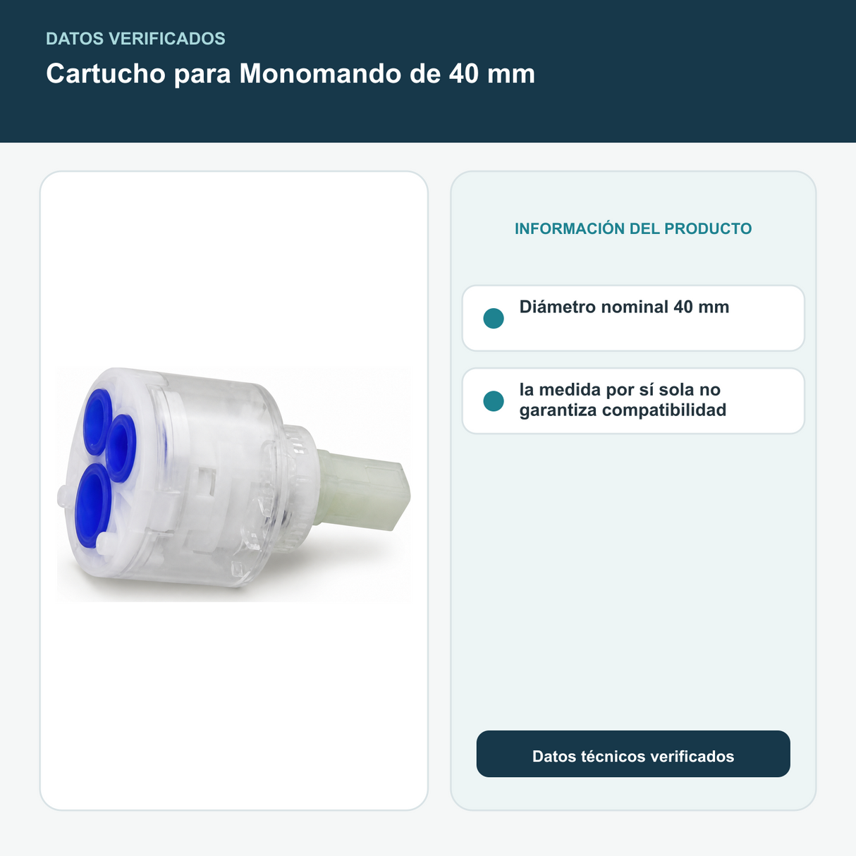 Cartucho para Monomando de 40 mm - Diámetro nominal 40 mm; la medida por sí sola no garantiza compatibilidad